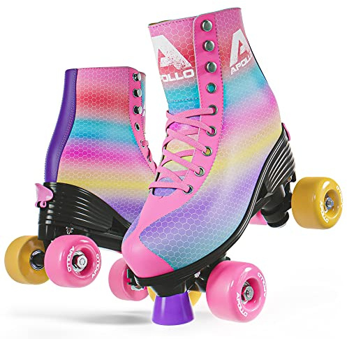 APOLLO Retro Skates - Size Adjustable Quad Skates for Girls & Women - High Heel Rollerskates - Disco Quads - Dancing Queen S / J12-2