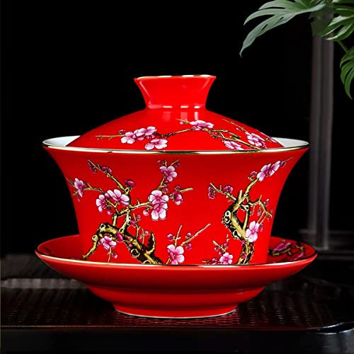 KOPYFANTAP Gaiwan 300ml, Chinesische Teetasse mit Deckel, Traditionelle Porzellan Teebecher mit Reliefmuster für Pflaume, Hochzeit Geschenke, Rot