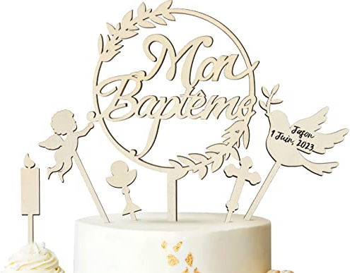 iZoeL Gateau Decoration Bapteme Bois Cake Topper Mon Bapteme Garçon Fille