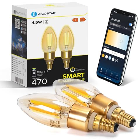 Aigostar Lampadine WiFi Alexa E14 Smart Lampadina Edison C35 4.5W 470lm Lampadine Smart Retrò Dimmerabile 2700K-6500K bianco freddo caldo, Compatibile Con Alexa, Google Home, ámbar 2 pezzi