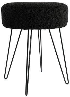 OHS Round Stool Boucle, Pouffe Foot Stool Living Room Hairpin Legs Bedroom Foot Stools Dressing Table Chair Makeup Up Stool, Decorative Padded Fabric Black