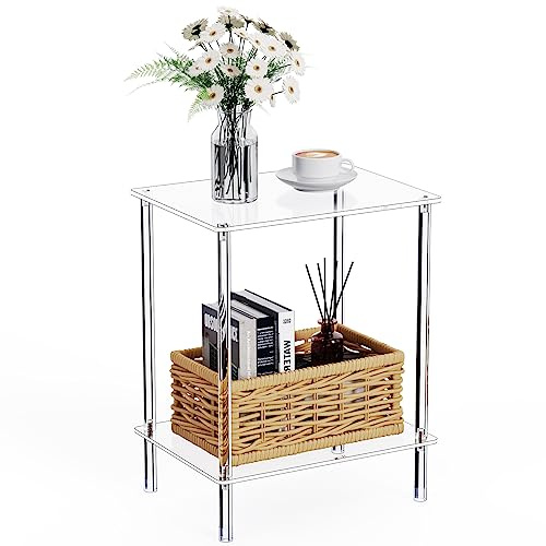 Bkemiy Mesa auxiliar de acrílico transparente, mesa auxiliar de 2 niveles para sala de estar, pequeñas mesas de noche modernas para dormitorio, mesa de decoración del hogar, 15.7 pulgadas de largo x