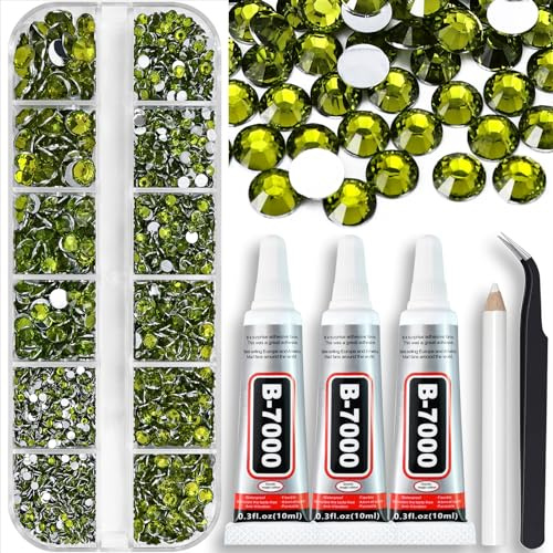 Towenm B7000 Jewelry Adhesive Glue with Rhinestones for Crafts, 4000PCS Olive Green Flatback Gems Rhinestones with Tweezer Picker Pencil Clear Glue for DIY Clothes Fabric Shoes Jewelry Making Nail