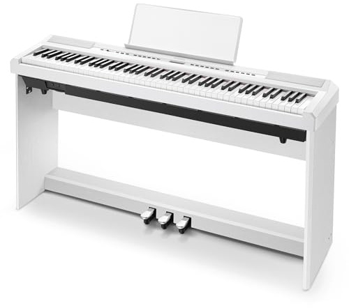 Donner DEP-20 Beginner Digital Piano 88 Key Full Size Weighted Keyboard, Portable Electric Piano with Furniture Stand, 3-Pedal Unit, White