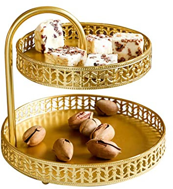 Soporte para Tartas de Frutas Plato para Servir Dorado de 2 Niveles Tazón Grande para Frutas y Pastelería Tazón para Dulces Bandeja Redonda Decorativa para Servir para (Hoja)