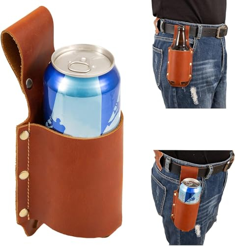 Crazy Horse Leather Beer Belt Holster,Portable Beer Holster, Beers Holster for Father’s Day,Men's Beer gift,Parties, Barbecues, Camping Beer Accessories,Cowboy Accessories for Men（Red Brown)