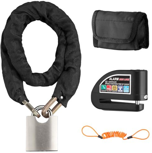 VINTEAM Motorbike Lock Set with 1.2M Multi Layer Heat Treated Chain & 110db Alarm Disc Lock Motorbike with Waterproof & Shockproof for Bicycle, Motorcycle, Scooter