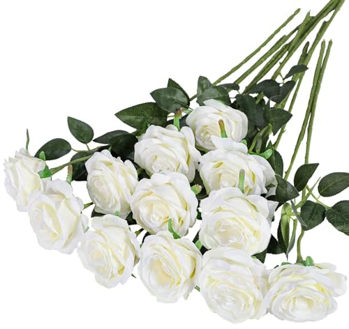 12 Stücke Kunstblumen Seidenblumen Rosen 51 * 7cm Kunstblumen Blätter und Verstellbare Stiele,Realistisch und Weich Künstliche Blumen für DIY Hochzeitsfeier,Valentinstag,Zuhause Dekoration(Weiß)