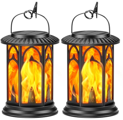 GEARLITE Solar Lights Outdoor Garden, 2 Pack Solar Lantern Outdoor with Realistic Flickering Flame, 15+ Hours Waterproof Garden Ornaments Outdoor 2 Charging Modes, Perfect Decor Gifts for Woman Mom