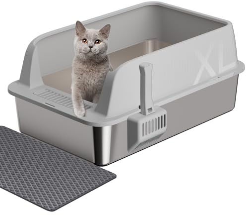 Gimars Arenero Acero Inoxidable Gatos 58x38x26cm, Caja de Arena XL de 35L con Pala y Alfombrilla, Bandeja Metálica Grande para Gatos Grandes y Medianos, Fácil de Limpiar y Duradera