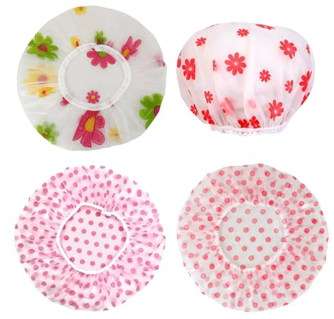 TSUOUKL 4 Pezzi Cuffia Doccia Riutilizzabile Impermeabile Cuffia da Bagno Elastica Grande Shower Caps, Capelli Protezione per Donna Doccia Spa Salon Bagno Uso Domestico