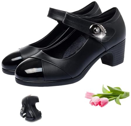Zapatos ortopédicos Mary Jane de cuero con suela suave y botón de diamante para mujer, cómodos de mediana edad, zapatos de piel con tacón de cuña grueso para caminar para mujeres mayores, Black, 42.5