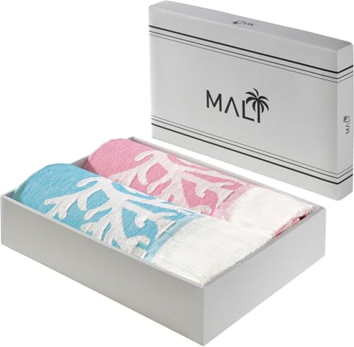 Delindo Lifestyle Lot de 2 serviettes de hammam Mali - En coton - 100 x 180 cm - XXL - Motif corail rose et bleu - OEKOTEX 100 - Avec boîte cadeau