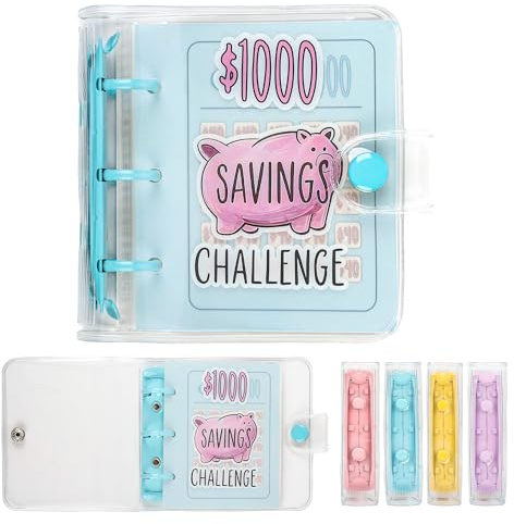 Mafegu Mini Money Saving Binder with 25 Envelopes, $1000 Savings Challenge Book, Portable for Budgeting Cash Planner,School Class Prize Gift (Blue, $1000)
