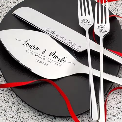 miguha Coltello for Torta Nuziale Personalizzato, Set di coltelli e forchette for Torta Nuziale in Acciaio Inossidabile, Set da Taglio for Torta Nuziale Personalizzato(Silver)