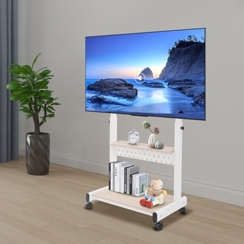 Mobilt TV-stativ med hjul för 43–86 tum, plasma-/LCD/LED-TV-stativ, höjdjusterbar höjd, trähylla, upp till 100 kg (vit)