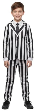Disfraz de Halloween a rayas para niños, grande, traje de rayas blancas y negras y camisa, corbata negra, disfraz de Halloween para películas de televisión para niños