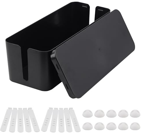 COEWUR Caja Organizadora de Cables Caja Cables para Ocultar y Organizar el Cableado con 10 Bandas Organizadoras 10 Clips de Escritorio,Negro,Grande (40,5 x 15,3 x 13 cm)