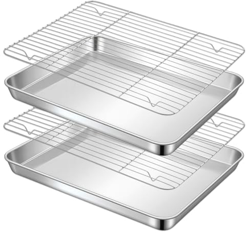 Bandeja de Horno con Rejilla de Enfriamiento, Juego de Bandejas Cocina para Hornear, Plateada Bandejas Rectangulares de Acero Inoxidable para Hornear, Asar, Escurrir las Verduras (31,5x24,6x2,5cm）
