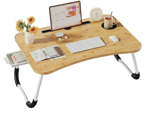 DECODEKO Bandeja para Cama con Cajón, Mesa Plegable de Desayuno, Ideal para Portátil, Ordenador y Libros, Ergonómica, 60x40x28 cm, Estampa de Bambú