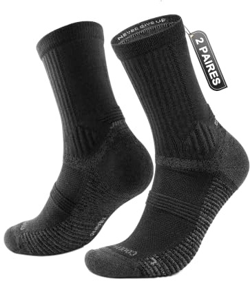 Juclise Chaussettes de randonnée d'été en laine mérinos pour hommes, Compression, amorti anti-ampoules, respirantes et évacuation de l'humidité(38-42, Noir x2)