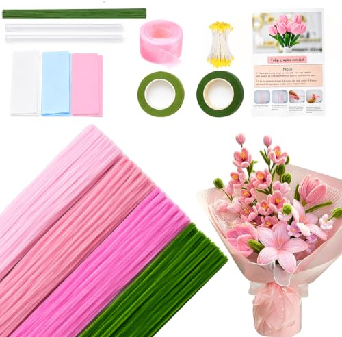 WENXINWIN Lot de 400 cure-pipes en forme de fleurs pour bricolage, avec bâtons de fleurs verts, ruban adhésif, rubans, récipients à poussière pour travaux manuels et décoration (rose)