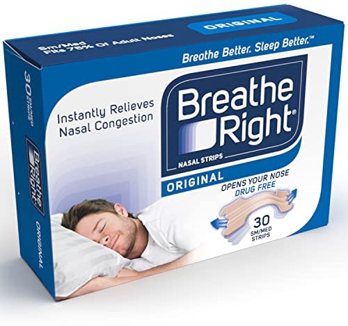 Breathe Right Original Tan, Beige Small/Medium 30 Pieces, Nasal Strips for Snoring, Nose Strips for Breathing, Blocked Nose Relief, Drug-free Snoring Aid for Men and Women, Packaging may vary