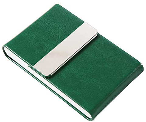 JuneLsy Business Card Holder Case - Professional PU Leather Metal Name Card Holder Pocket Business Card Carrier for Men & Women with Magnetic Shut (S-Dark green)