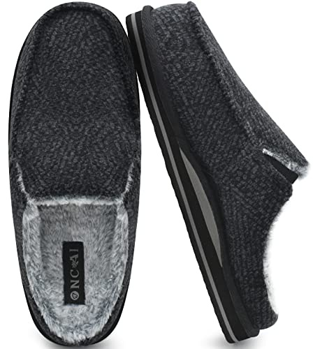 ONCAI Mens Slippers with Orthotic Arch Support,Cotton-Blend High-Density Memory Foam Plantar Fasciitis House Slippers Warm Stripe Faux Fur Clogs Slip-on Indoor Outdoor Rubber Sole BlackSize 13