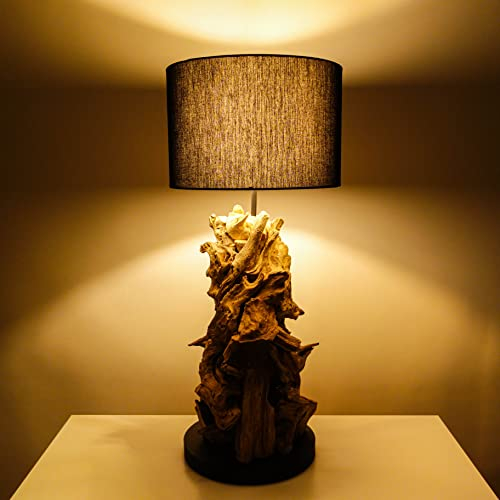 AquaOne Lampe Natur I Holzlampe Stehlampe Tischlampe Naturholz Rustikal I Holz Möbel Deko Stehleuchte I Handarbeit mit Unikat Wurzel I Lampenschirm in schwarz (Tokio)