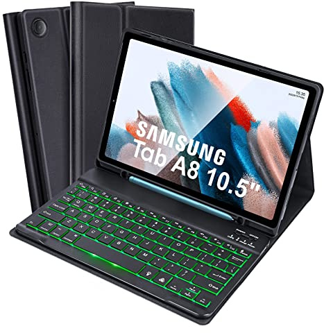 SOPPY Bakbelyst tangentbordsfodral för Samsung Galaxy Tab A8 10,5 tum, brittisk layout, inbyggd S pennhållare, smalt skydd med avtagbart tangentbord för Samsung Tab A8 10,5 tum 2022 (SM-X200/X205/X207