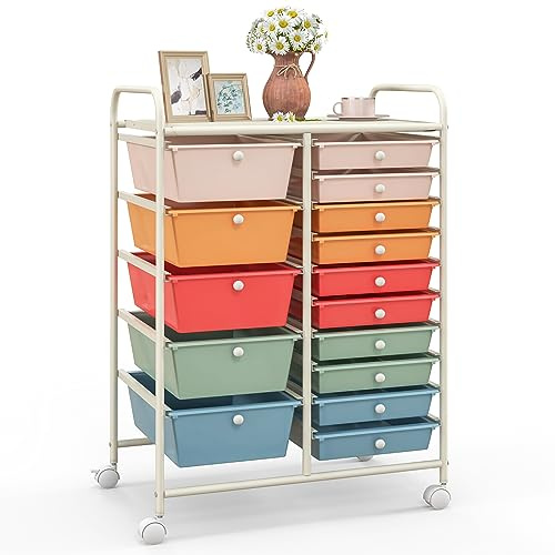 COSTWAY Carrello con 15 Cassetti Impilabili, Carrello di Stoccaggio con Ruote, Carello Portaoggetti per Casa e Ufficio, 63 x 37 x 87 cm (Colorato)