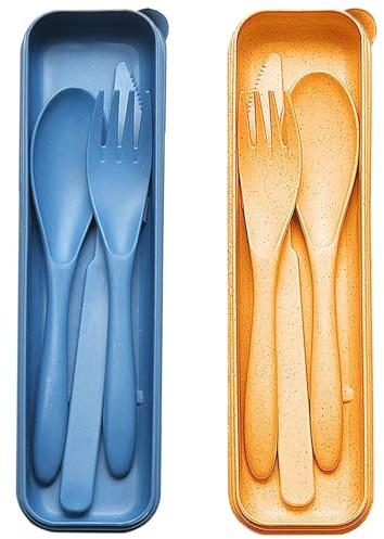 Juego de cubiertos de viaje con estuche, 2 juegos de utensilios reutilizables y portátiles, tenedor de plástico, cuchillo, cuchara para camping, picnic, trabajo, escuela, uso diario (azul + amarillo)