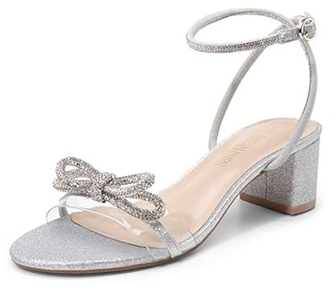 DREAM PAIRS Women's Heels Round Toe Rhinestone Double Bowknots Sparkly Block Heeled Sandals Shoes for Party Evening,Size 6.5,Silver-Glitter,SDHS2480W