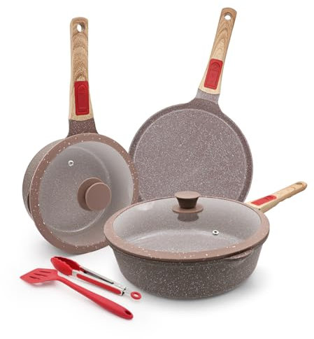 AIKENBBKK Keramik Topf und Pfannenset 7-Teilig, Pfanne 28cm mit Deckel, Stielkasserolle 20cm, Crepe Pfanne 26 cm, Antihaft Keramikbeschichtung Kochgeschirr-Set mit Abnehmbarer Griff