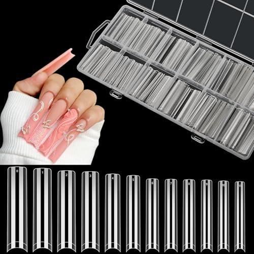 Adonafy Capsule Americaine Ongle Carré: 240 Pièces Longue Ongle Pose Americaine - 3XL Demi Couverture Capsules Ongles pour Femme Filles Salons Maison - 12 Tailles