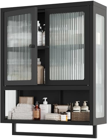 Qiaoxuan Bathroom Wall Cabinet, Over The Toilet Space Saver Storage Cabinet, Medicine Cabinet with 2 Glass Door and Towel Bar, Metal Wall Mounted Cabinet for Bathroom Laundry Room Kitchen