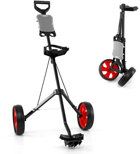 COSTWAY Carrello da Golf Pieghevole con 2 Ruote, Carrello da Golf in Ferro con Tabellone Segnapunti (Rosso)