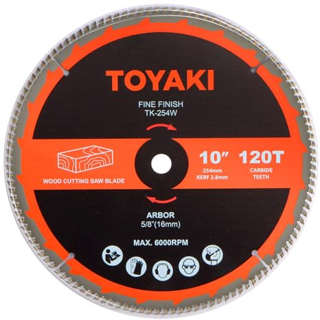 TOYAKI 10-Inch Miter Saw Blade, 120-Tooth Fine-Finish Professional Woodworking Saw Blade for Miter Saws Table Saws and Circular Saws, Arbor 5/8-inch(16mm)