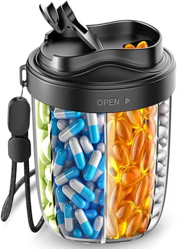 Large Pill Organizer with 7 Large Compartments - Portable Pill Dispenser for Travel, Anti-Mix Design & Wide Opening Design, Easy Access to Vitamin Dispenser, Includes 20 Blank Stickers (Black)