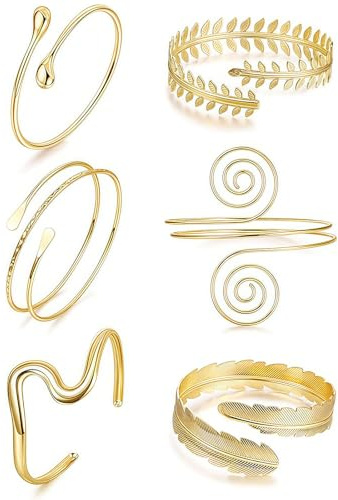LunarCharm Set di 6 Bracciali per Braccio Superiore da Donna, Bracciale Aperto Regolabile Boho, Bracciale a Spirale Minimalista con Foglia
