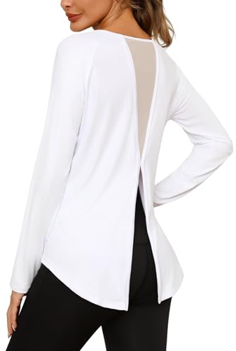 Crewhpo Maglietta Sportiva Donna Manica Lunga Maglie Yoga Rete Traspirante Maglia Tecnica Spacco Posteriore Magliette Sportive Leggera T Shirt Sportivo Asciugatura Rapida Bianco M