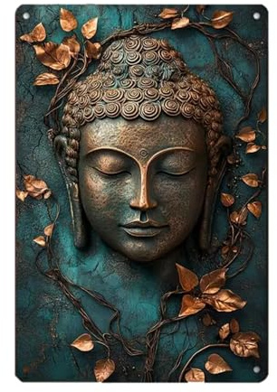 Plaque en métal vintage avec motif lotus Bouddha serein Décoration murale pour intérieur/extérieur/jardin