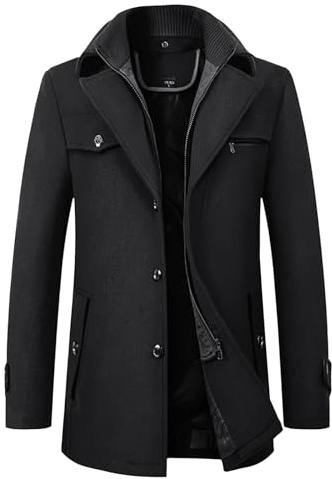 Herr krage trenchcoat smal passform enkelknäppt business ytterrock medellång termisk business peacoat, Svart, L