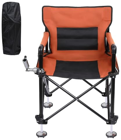 newuzis Chaise de pêche Pliante avec Porte-Canne Amovible, Pieds Tout-Terrain réglables, Chaise de Camping Portable et Robuste pour la pêche en Plein air, Le Camping, la randonnée Orange