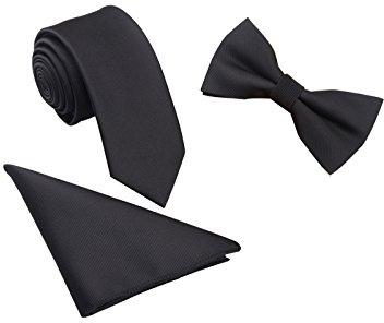 WANYING Hombre Pajarita Corbata Pañuelo de Bolsillo 3 en 1 Set - Pajarita Clásica 6 * 12 cm & Corbata Estrecha 6 cm & Pañuelo Liso Negro