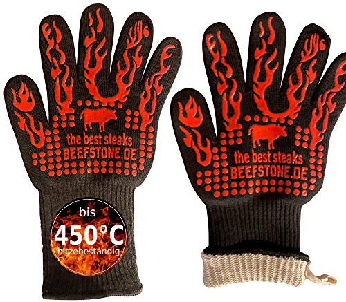 BEEFSTONE Guanti ignifughi per barbecue, da 450 °C, resistenti al calore, lavabili, in silicone, fibra Deyan/cotone, 34 cm, 1 paio
