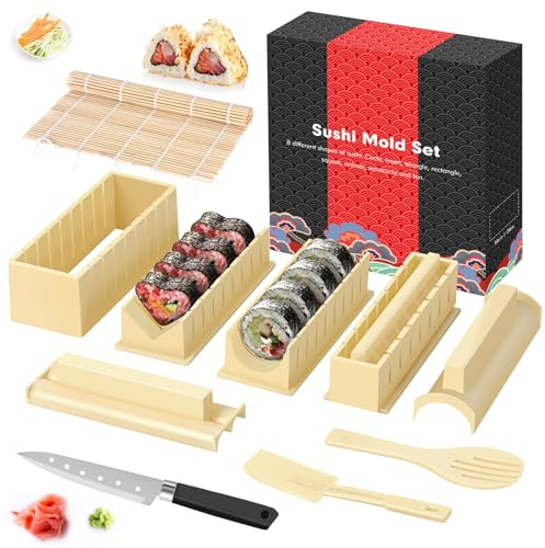 SKYSER Kit para hacer sushi Todo en uno Juego de sushi 12 piezas Herramienta completa para hacer sushi con 8 formas diferentes de sushi Rollo de arroz Molde DIY House Sushi Tool Off (Blanco)