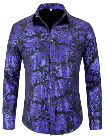 Allthemen Jacquard skjorta för män, långärmad satin fritidsskjorta, paisley, herrskjorta för fest, bröllop, blå, XL