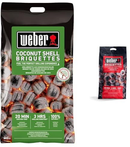 Weber Briquettes De Noix De Coco 8kg Noir & Briquettes de Charbon - Sac 8 kg - Charbon de Bois pour Barbecues Weber - Combustible BBQ